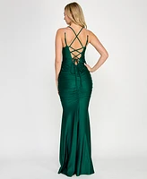 Crystal Doll Juniors' Rhinestone-Strap Lace-Up-Back Gown