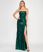 Crystal Doll Juniors' Sequined Lace-Up-Back Gown