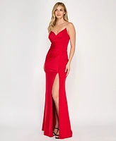 Crystal Doll Juniors' Rhinestone Lace-Up-Back Satin Gown