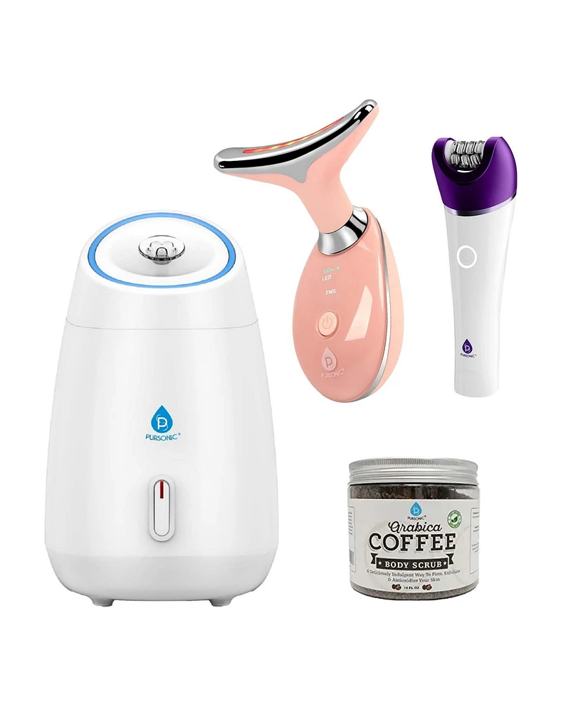 Pursonic Radiant Glow Beauty & Self-Care Bundle – Facial Steamer, Led Therapy, Epilator & More!