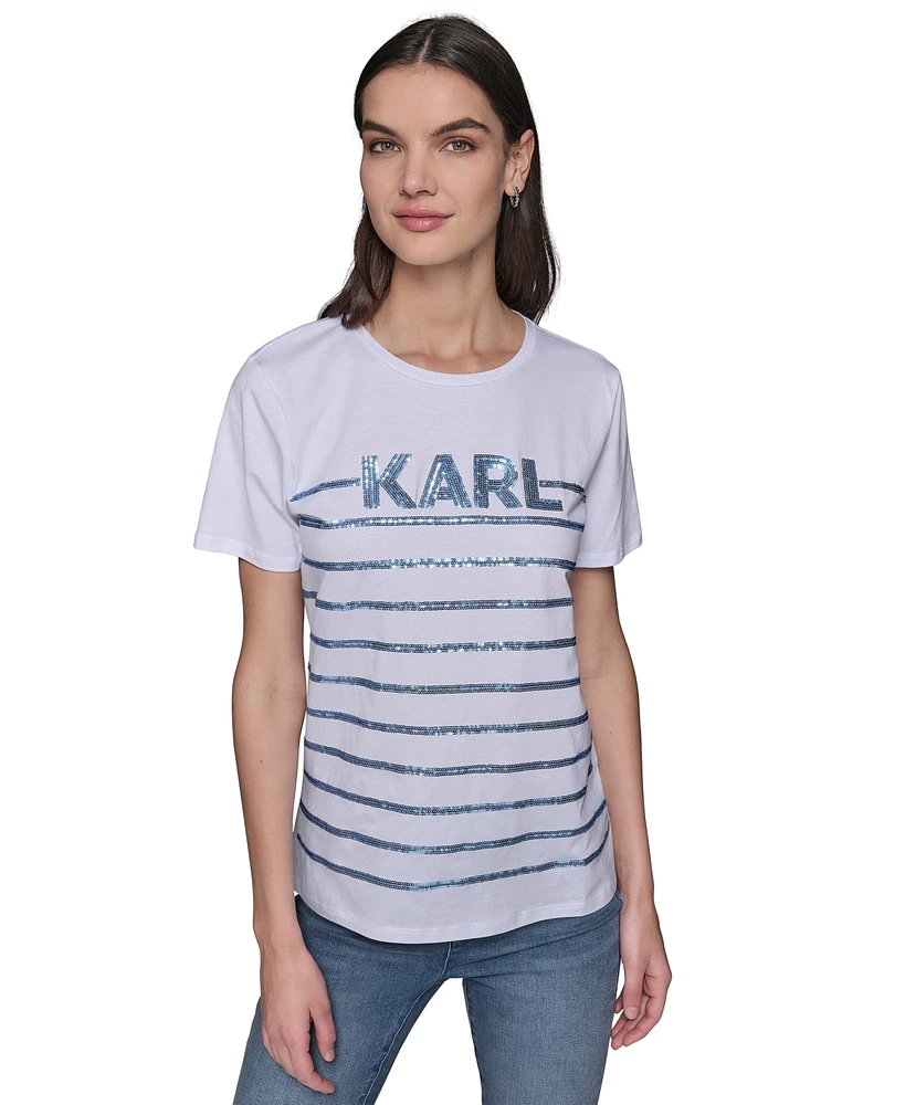 Karl Lagerfeld Paris Women's Embellished Stripe Crewneck Tee