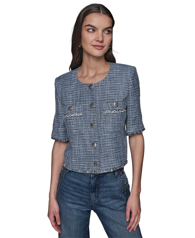 Karl Lagerfeld Paris Women's Fringe-Trim Short-Sleeve Tweed Jacket