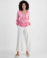 Jm Collection Petite Embellished Knit Chiffon-Sleeve Top, Exclusively at Macy's