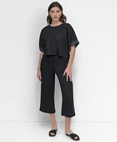 Dkny Women's Cropped Short-Sleeve Studded Linen Top