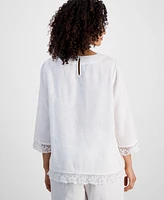 Charter Club Petite Lace-Trim Linen V-Neck Tunic, Exclusively at Macy's