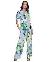 Karl Lagerfeld Women's Printed Puff-Sleeve Button-Front Top