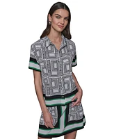 Karl Lagerfeld Paris Women's Border Printed Short Sleeve Button-Front Top