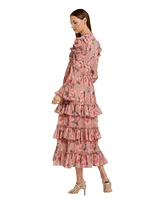 Mac Duggal Women's Long Sleeve Lace Up Front Tiered Ruffle Dress