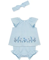 Little Me Baby Girls 3-Pc. Embroidered Floral Gauze Sunsuit & Headband Set