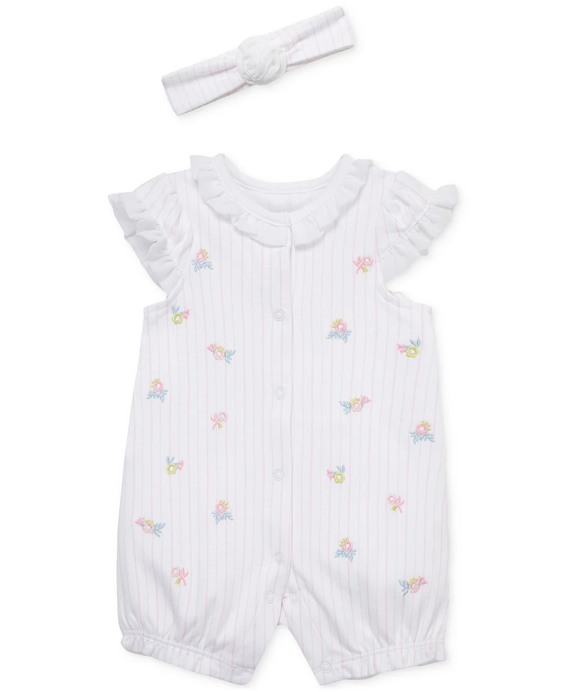 Little Me Baby Girls 2-Pc. Embroidered Floral Stripe Romper & Headband Set