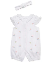 Little Me Baby Girls 2-Pc. Embroidered Floral Stripe Romper & Headband Set