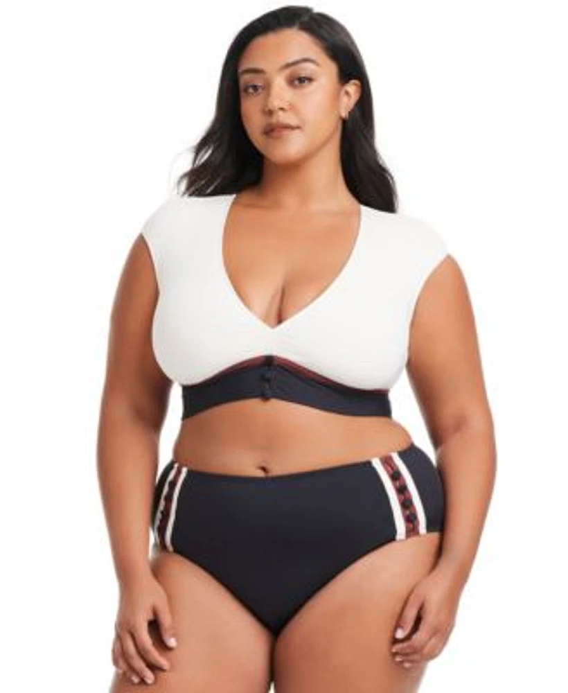Bleu By Rod Beattie Plus Size Cap Sleeve Cropped Swim Top Side Button Bottoms