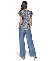 Karl Lagerfeld Paris Women's Mixed-Print Flutter-Sleeve Top