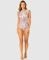 Anne Cole Women's Abstract Dot Flutter-Sleeve Zip-Front One-Piece Swimsuit