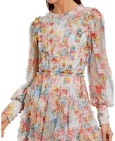 Mac Duggal Women's Floral Mesh Ruffle High Neck Mini Dress
