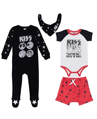 Kiss Baby Boys Sleep N' Play, Bodysuit, French Terry Shorts and Bib 4 Piece Layette Set