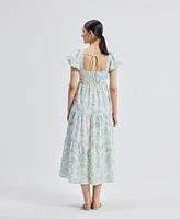 Reistor Women's Puff Sleeve Tiered Maxi Dress Blue Florals