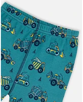 Deux par Baby Boys Cotton Two-Piece Short Sleeve Top And Pant Pajama Set Teal With Yellow Truck