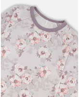 Deux par Toddler Girls Printed Cotton Long Sleeve Top And Pant Pajama Set Pale Pink Flowers On Neutral Lilac - Toddler|Child