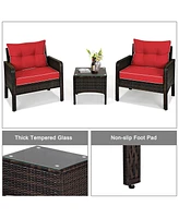 Gymax 3PCS Outdoor Patio Rattan Furniture Set w/ Coffee Table Cushion