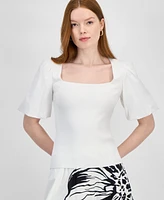 T Tahari Women's Mixed-Media Square-Neck Puff-Sleeve Top