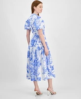 T Tahari Women's Puff-Sleeve Button-Front Midi Dress