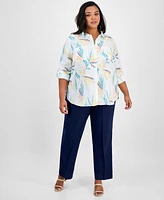 Charter Club Plus 100% Linen Palm Print Shirt, Exclusively at Macy's