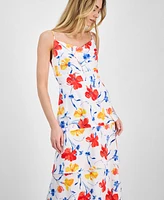 Anne Klein Women's Floral-Print Cowlneck Tiered Satin Maxi Dress