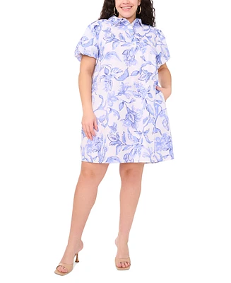 Msk Plus Floral-Print Cotton Puff-Sleeve Shift Dress