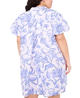 Msk Plus Floral-Print Cotton Puff-Sleeve Shift Dress