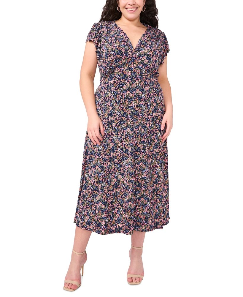 Msk Plus Floral-Print Flutter-Sleeve Midi Dress