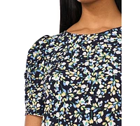 Msk Petite Floral-Print Puff-Sleeve Shift Dress