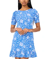 Msk Petite Floral-Print Puff-Sleeve Shift Dress