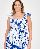 Anne Klein Plus Floral-Print Smocked Ruffled-Sleeve Cotton Midi Dress