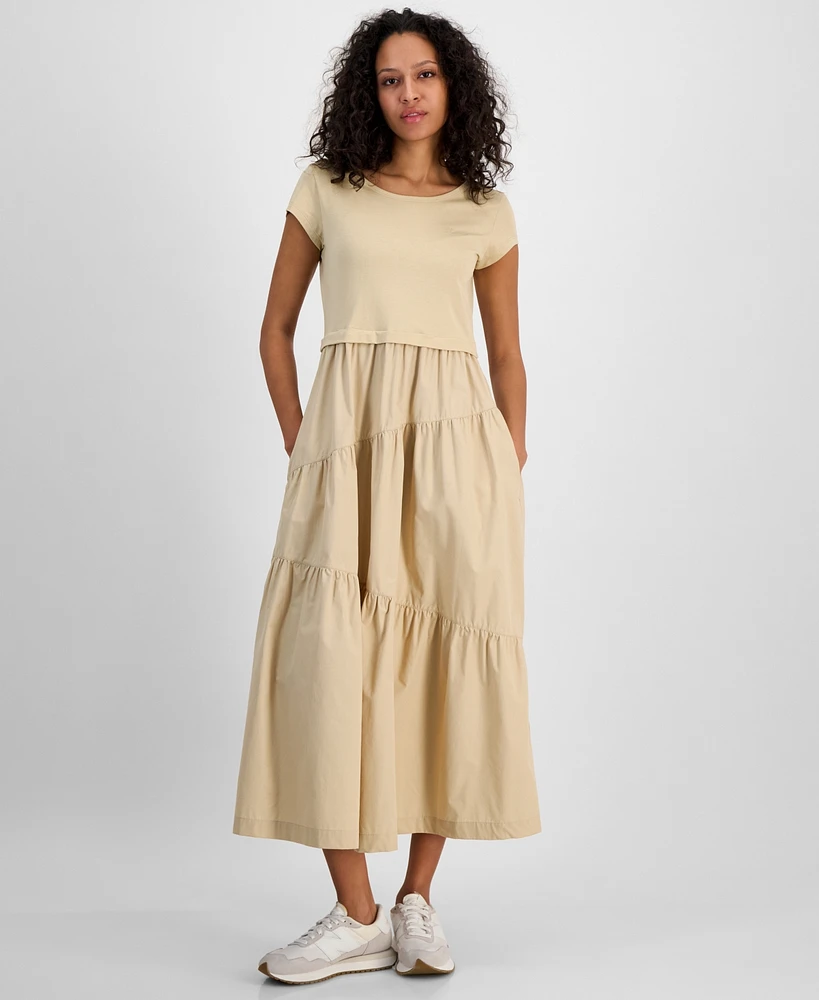 Boss Orange Women's Cotton Mixed Media Tiered Fit & Flare Dress