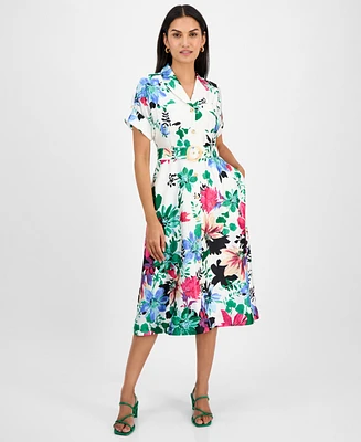 Tahari Women's Collared Short-Sleeve Midi Shirtdress