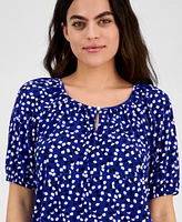 Anne Klein Women's Printed Elbow-Sleeve Keyhole Blouse