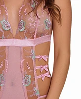 iCollection Women's Sheer Embroidered Bodysuit Lingerie with Bow Accents