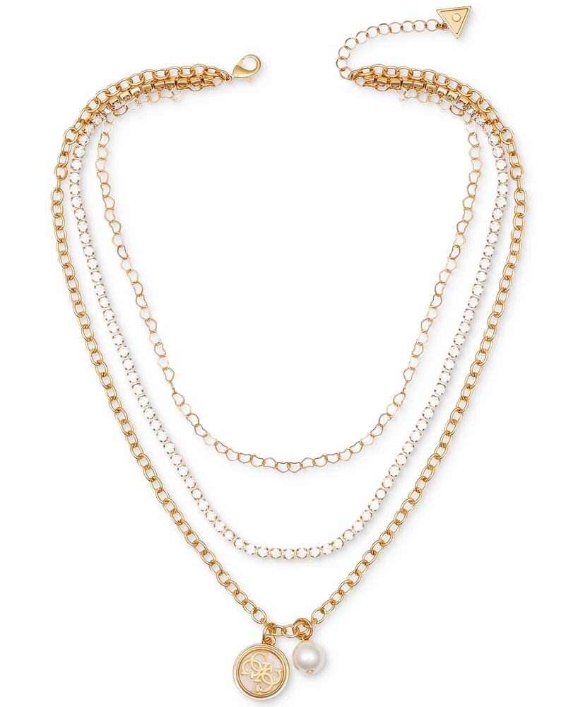 Guess Gold-Tone Imitation Pearl & Logo Three Layered Pendant Necklace, 17" + 2" extender
