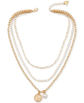 Guess Gold-Tone Imitation Pearl & Logo Three Layered Pendant Necklace, 17" + 2" extender