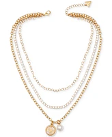 Guess Gold-Tone Imitation Pearl & Logo Three Layered Pendant Necklace, 17" + 2" extender