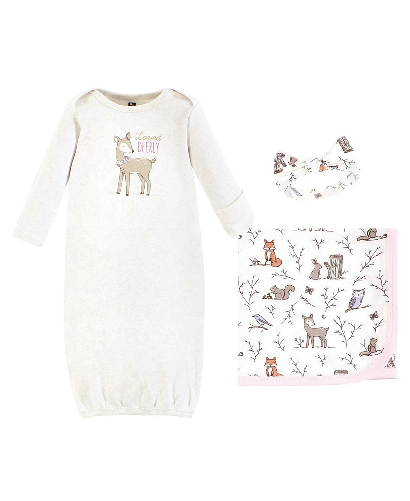 Hudson Baby Baby Girls Hudson Gown, Swaddle Blanket and Cap or Headband, Enchanted Forest, 0-6 Months