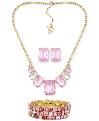 Guess Gold-Tone Mixed Stone Statement Necklace, Drop Earrings & 3-Pc. Stretch Bracelet Set