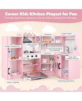 Corner Play Kitchen Toddler Playset with Range Hood, Ice Maker, Microwave