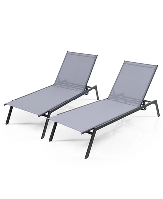 2PCS Patio Lounge Chair Chaise Recliner 6-Position Adjustable Back Garden Deck