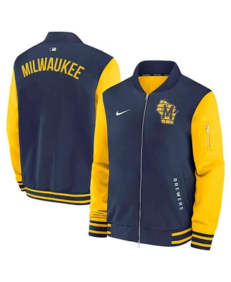 Nike Men's Navy/Gold Milwaukee Brewers Authentic Collection Dugout Full-Zip Bomber Jacket