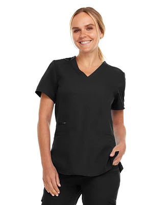 Medichic Women's Ruth 3-Pocket Multi Stitch V-Neck Scrub Top, Black