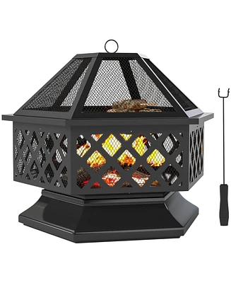 Outsunny 28" Outdoor Fire Pit with Grill Poker Wood Burning Firepit,