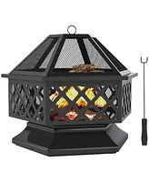 Outsunny 28" Outdoor Fire Pit with Grill Poker Wood Burning Firepit,