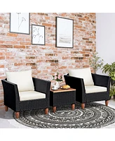 Gymax 3PCS Patio Conversation Furniture Set w/ Wooden Table Top & Feet Cushions